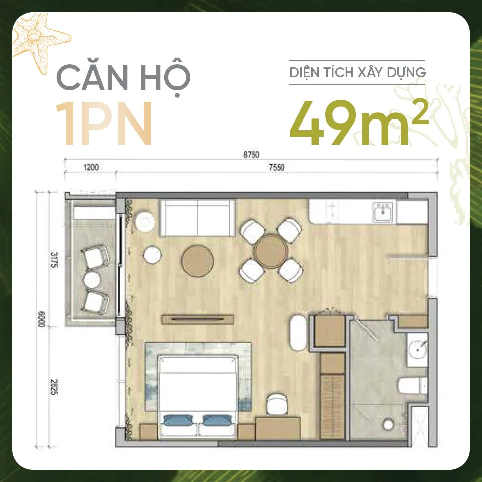 Mặt bằng căn 1 phòng ngủ Maia Resort Hồ Tràm