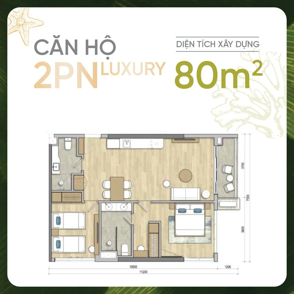 Mặt bằng căn 2 phòng ngủ Luxury Maia Resort Hồ Tràm