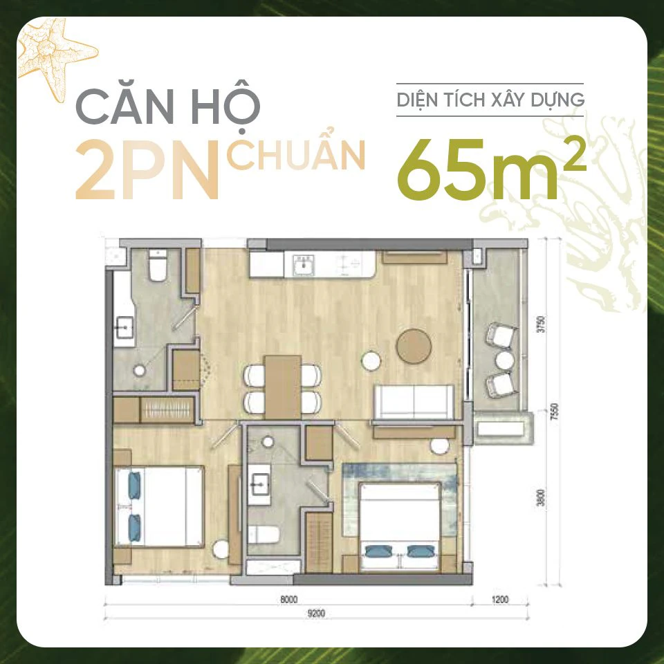 Mặt bằng căn 2 phòng ngủ Maia Resort Hồ Tràm
