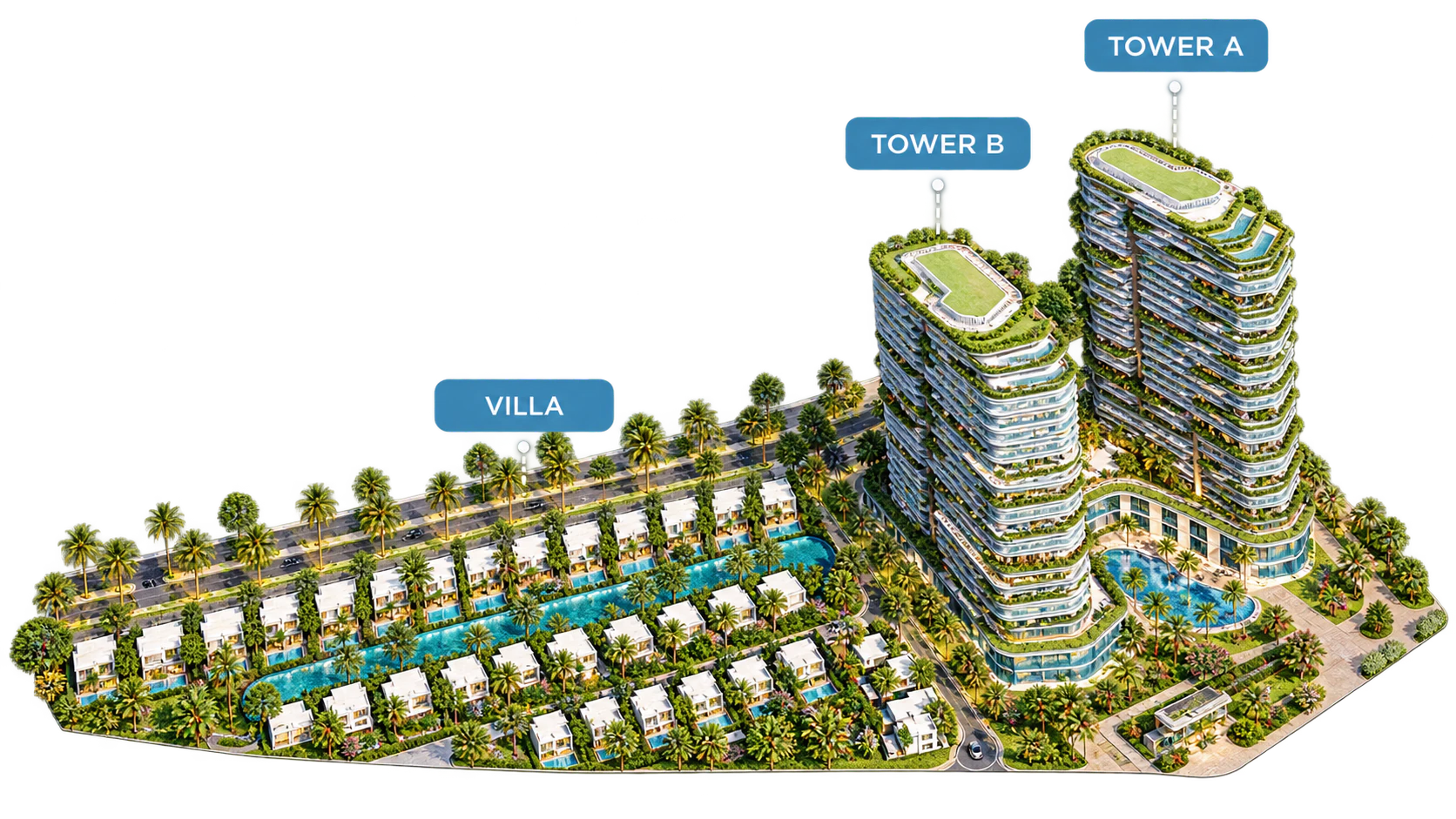 Phối cảnh Maia Resort Hồ Tràm: Tower A, Tower B và khu Villa